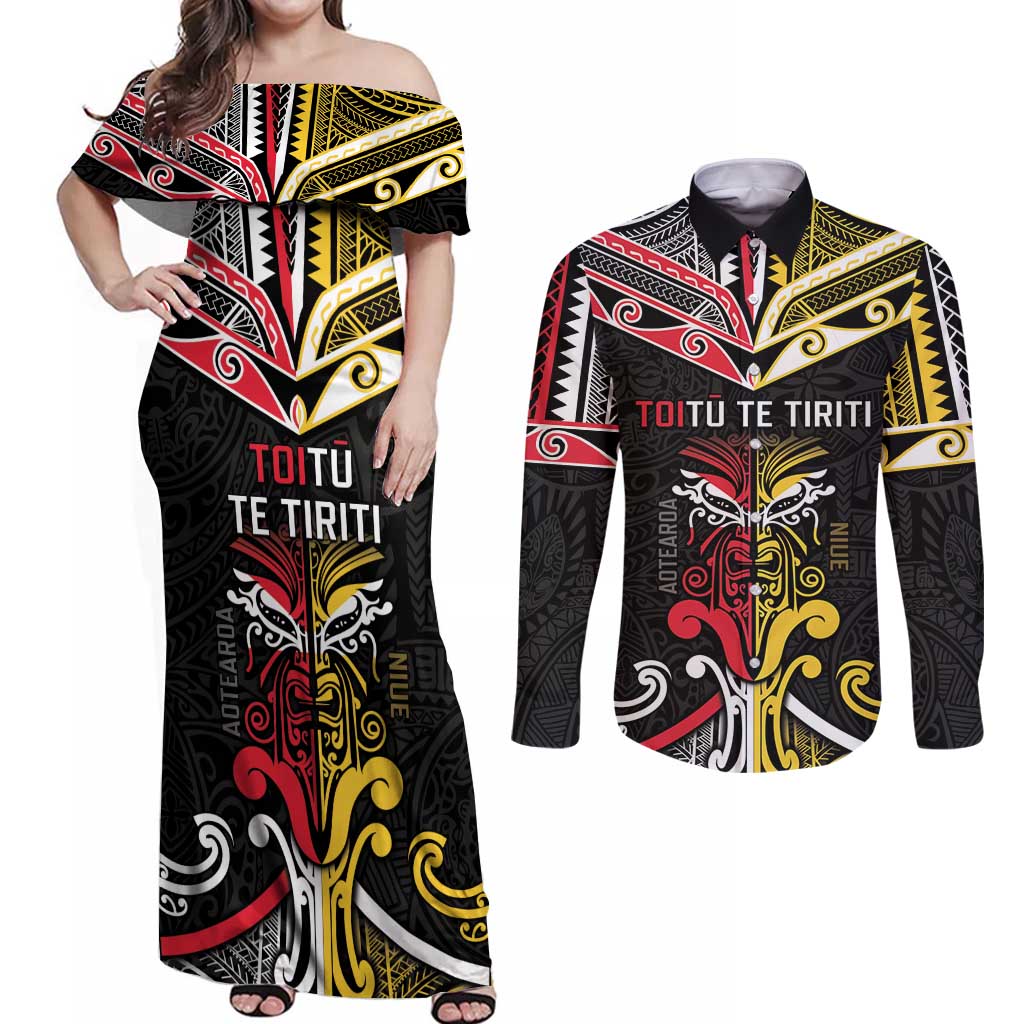 Niue And Aotearoa Couples Matching Off Shoulder Maxi Dress and Long Sleeve Button Shirt Together For Te Tiriti O Waitangi LT05 Black - Polynesian Pride