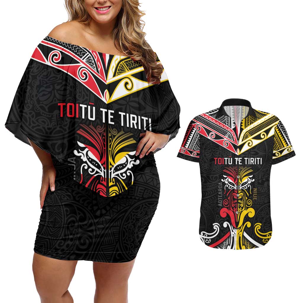 Niue And Aotearoa Couples Matching Off Shoulder Short Dress and Hawaiian Shirt Together For Te Tiriti O Waitangi LT05 Black - Polynesian Pride