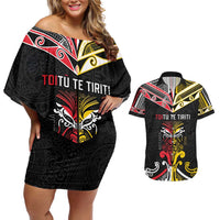 Niue And Aotearoa Couples Matching Off Shoulder Short Dress and Hawaiian Shirt Together For Te Tiriti O Waitangi LT05 Black - Polynesian Pride