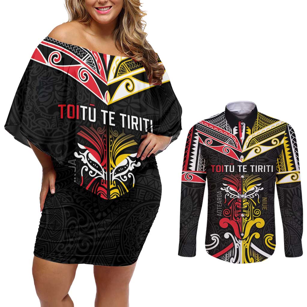 Niue And Aotearoa Couples Matching Off Shoulder Short Dress and Long Sleeve Button Shirt Together For Te Tiriti O Waitangi LT05 Black - Polynesian Pride