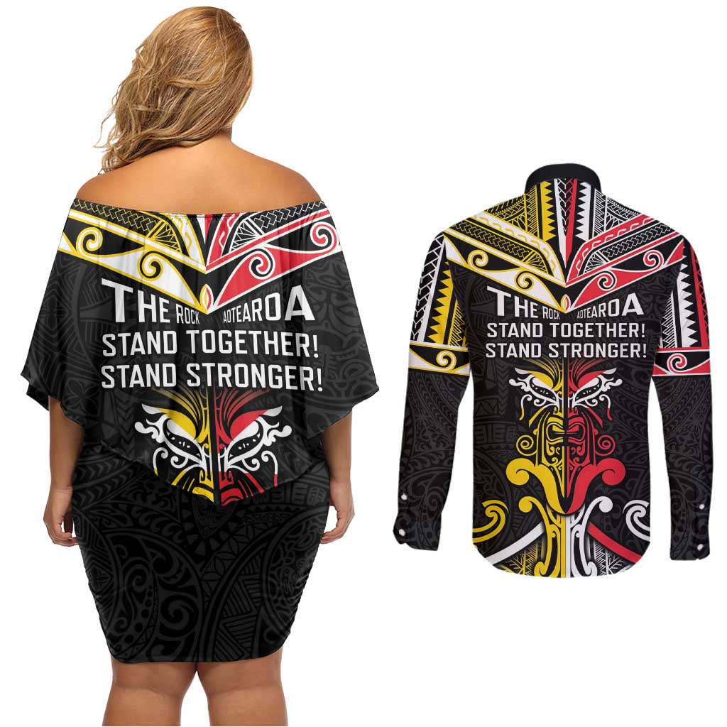 Niue And Aotearoa Couples Matching Off Shoulder Short Dress and Long Sleeve Button Shirt Together For Te Tiriti O Waitangi LT05 - Polynesian Pride