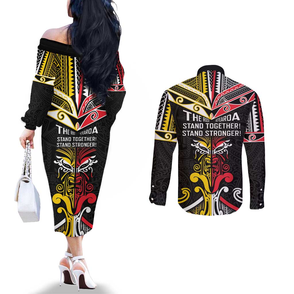 Niue And Aotearoa Couples Matching Off The Shoulder Long Sleeve Dress and Long Sleeve Button Shirt Together For Te Tiriti O Waitangi LT05 - Polynesian Pride