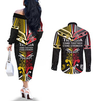 Niue And Aotearoa Couples Matching Off The Shoulder Long Sleeve Dress and Long Sleeve Button Shirt Together For Te Tiriti O Waitangi LT05 - Polynesian Pride