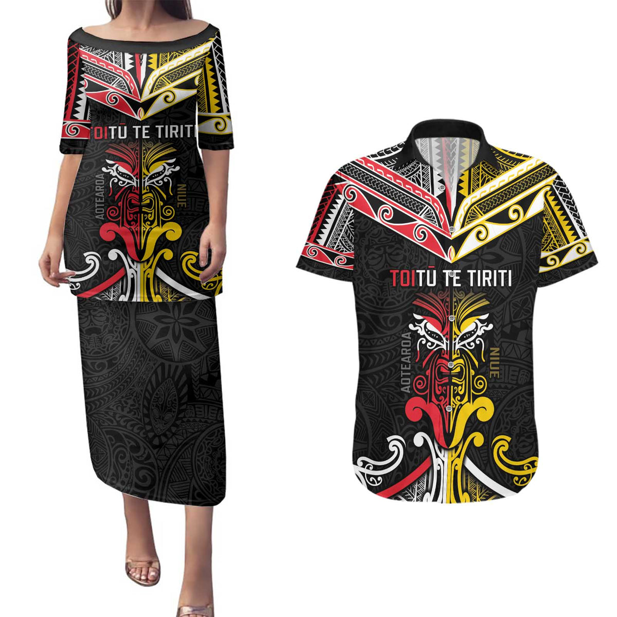 Niue And Aotearoa Couples Matching Puletasi and Hawaiian Shirt Together For Te Tiriti O Waitangi LT05 Black - Polynesian Pride
