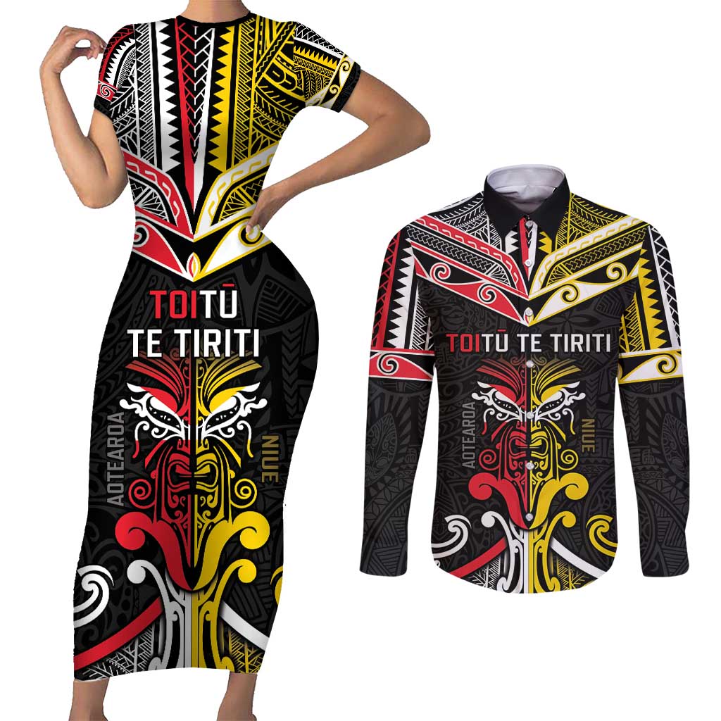 Niue And Aotearoa Couples Matching Short Sleeve Bodycon Dress and Long Sleeve Button Shirt Together For Te Tiriti O Waitangi LT05 Black - Polynesian Pride