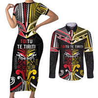 Niue And Aotearoa Couples Matching Short Sleeve Bodycon Dress and Long Sleeve Button Shirt Together For Te Tiriti O Waitangi LT05 Black - Polynesian Pride