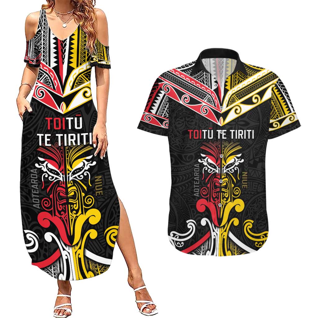 Niue And Aotearoa Couples Matching Summer Maxi Dress and Hawaiian Shirt Together For Te Tiriti O Waitangi LT05 Black - Polynesian Pride