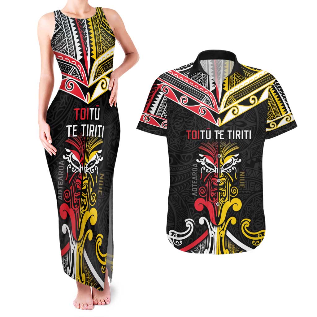 Niue And Aotearoa Couples Matching Tank Maxi Dress and Hawaiian Shirt Together For Te Tiriti O Waitangi LT05 Black - Polynesian Pride