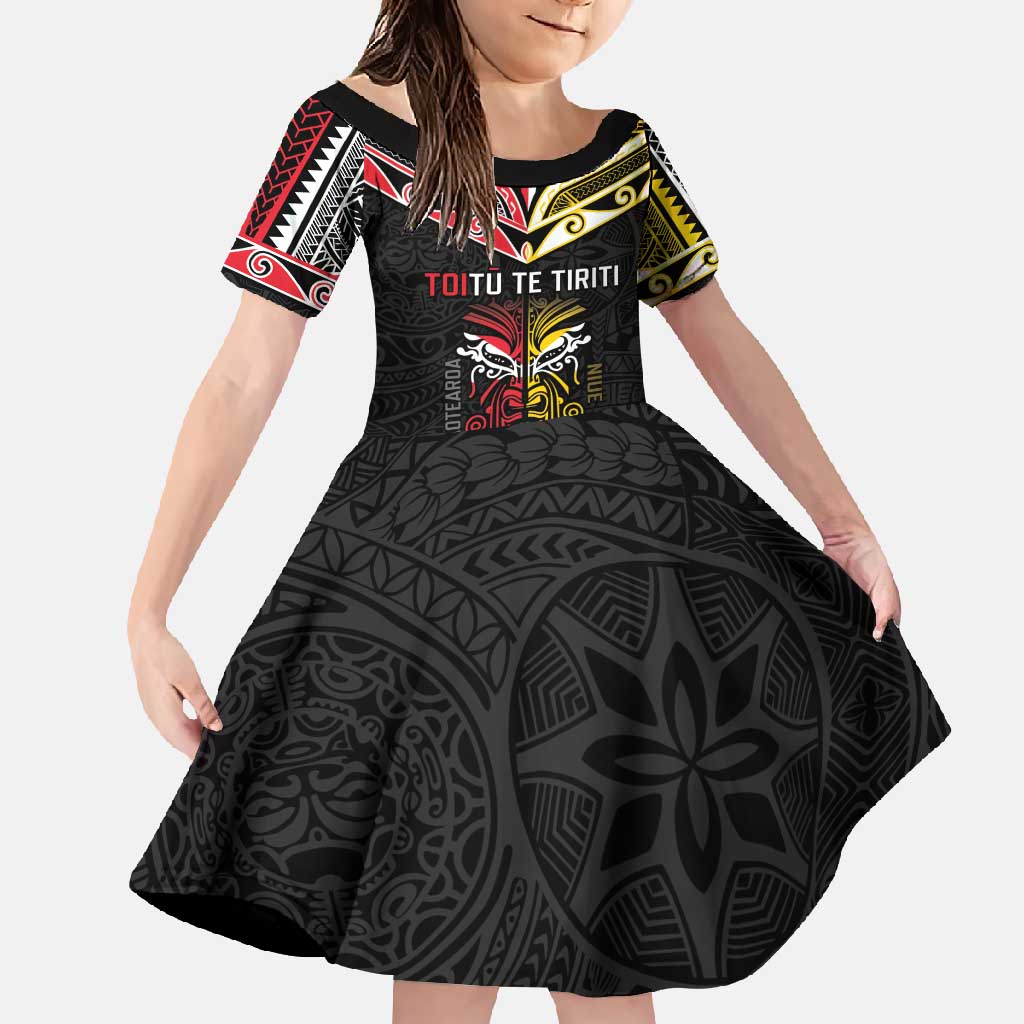 Niue And Aotearoa Family Matching Long Sleeve Bodycon Dress and Hawaiian Shirt Together For Te Tiriti O Waitangi LT05 Daughter's Dress Black - Polynesian Pride