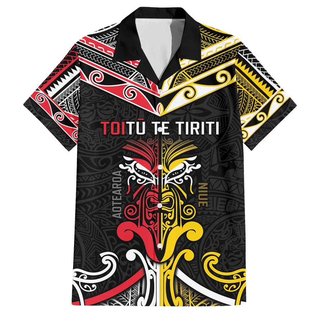 Niue And Aotearoa Family Matching Long Sleeve Bodycon Dress and Hawaiian Shirt Together For Te Tiriti O Waitangi LT05 Dad's Shirt - Short Sleeve Black - Polynesian Pride