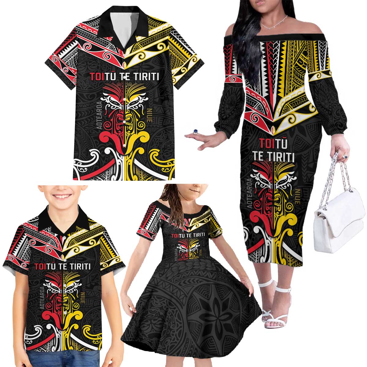 Niue And Aotearoa Family Matching Off The Shoulder Long Sleeve Dress and Hawaiian Shirt Together For Te Tiriti O Waitangi LT05 - Polynesian Pride