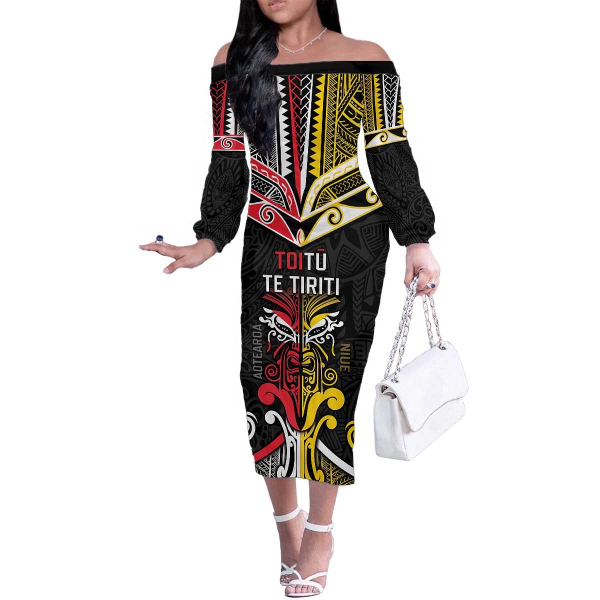 Niue And Aotearoa Family Matching Off The Shoulder Long Sleeve Dress and Hawaiian Shirt Together For Te Tiriti O Waitangi LT05 Mom's Dress Black - Polynesian Pride
