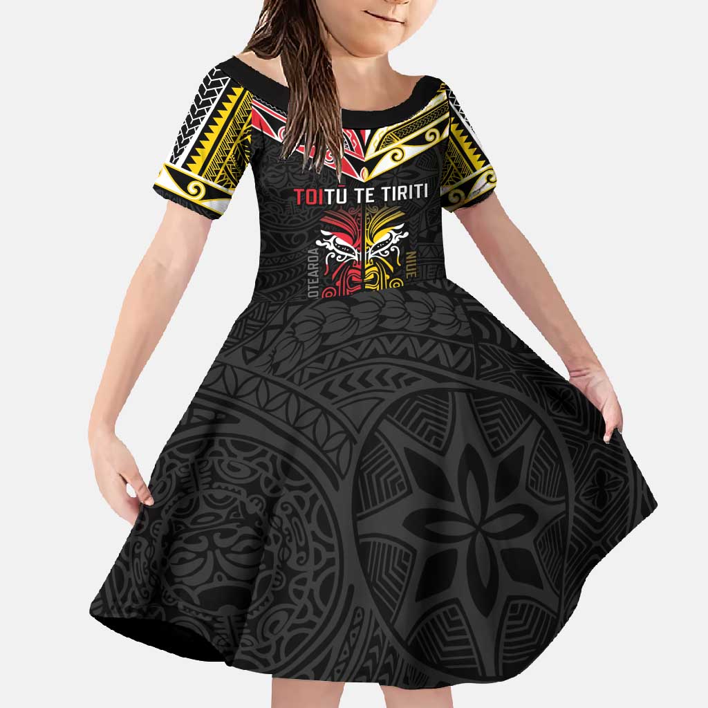 Niue And Aotearoa Family Matching Off Shoulder Maxi Dress and Hawaiian Shirt Together For Te Tiriti O Waitangi LT05 Daughter's Dress Black - Polynesian Pride