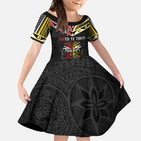 Niue And Aotearoa Family Matching Off Shoulder Maxi Dress and Hawaiian Shirt Together For Te Tiriti O Waitangi LT05 Daughter's Dress Black - Polynesian Pride
