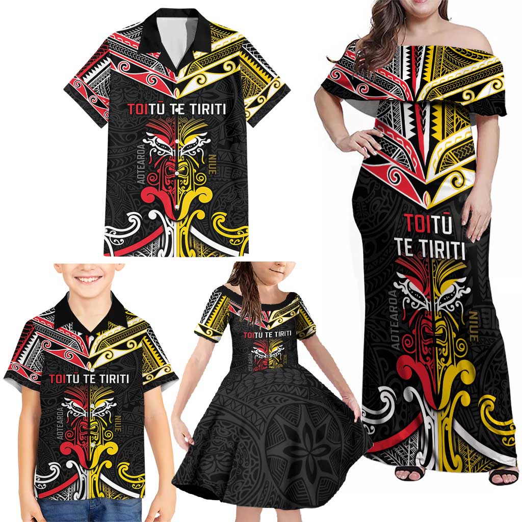 Niue And Aotearoa Family Matching Off Shoulder Maxi Dress and Hawaiian Shirt Together For Te Tiriti O Waitangi LT05 - Polynesian Pride