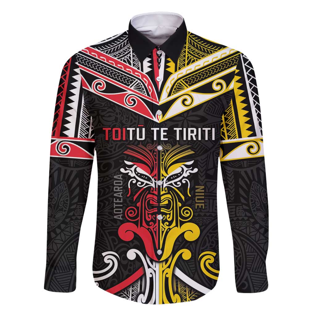 Niue And Aotearoa Family Matching Off Shoulder Short Dress and Hawaiian Shirt Together For Te Tiriti O Waitangi LT05 Dad's Shirt - Long Sleeve Black - Polynesian Pride