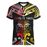 Niue And Aotearoa Women V-Neck T-Shirt Together For Te Tiriti O Waitangi LT05 Female Black - Polynesian Pride