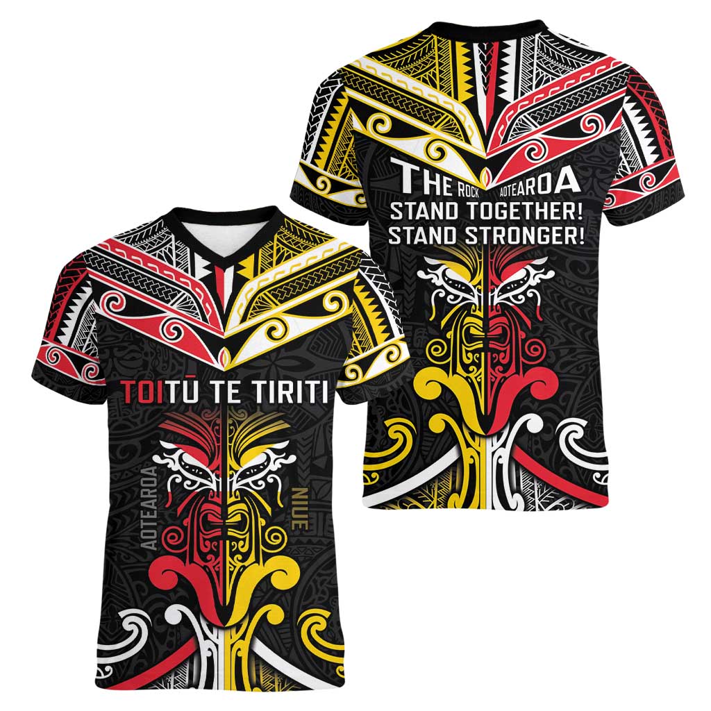 Niue And Aotearoa Women V-Neck T-Shirt Together For Te Tiriti O Waitangi LT05 - Polynesian Pride