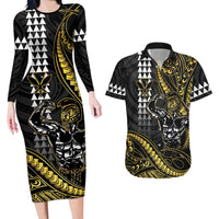 Hawaii Ikaika Warrior Helmet Couples Matching Long Sleeve Bodycon Dress and Hawaiian Shirt Gold Style LT05 Gold - Polynesian Pride