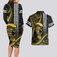 Hawaii Ikaika Warrior Helmet Couples Matching Long Sleeve Bodycon Dress and Hawaiian Shirt Gold Style LT05 - Polynesian Pride