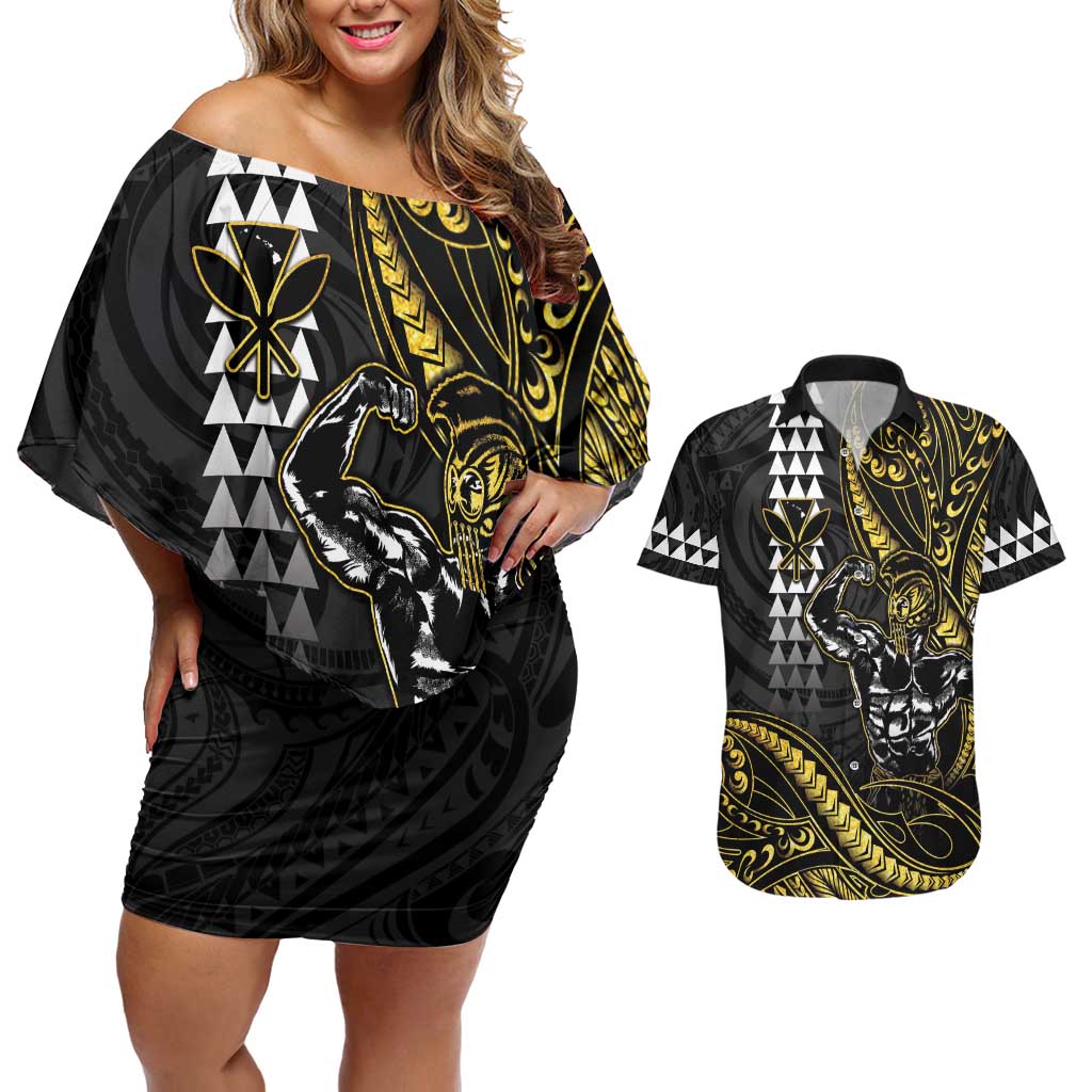 Hawaii Ikaika Warrior Helmet Couples Matching Off Shoulder Short Dress and Hawaiian Shirt Gold Style