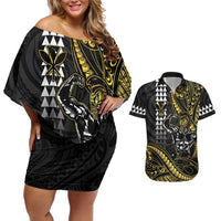 Hawaii Ikaika Warrior Helmet Couples Matching Off Shoulder Short Dress and Hawaiian Shirt Gold Style