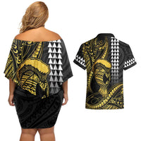 Hawaii Ikaika Warrior Helmet Couples Matching Off Shoulder Short Dress and Hawaiian Shirt Gold Style
