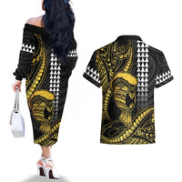 Hawaii Ikaika Warrior Helmet Couples Matching Off The Shoulder Long Sleeve Dress and Hawaiian Shirt Gold Style