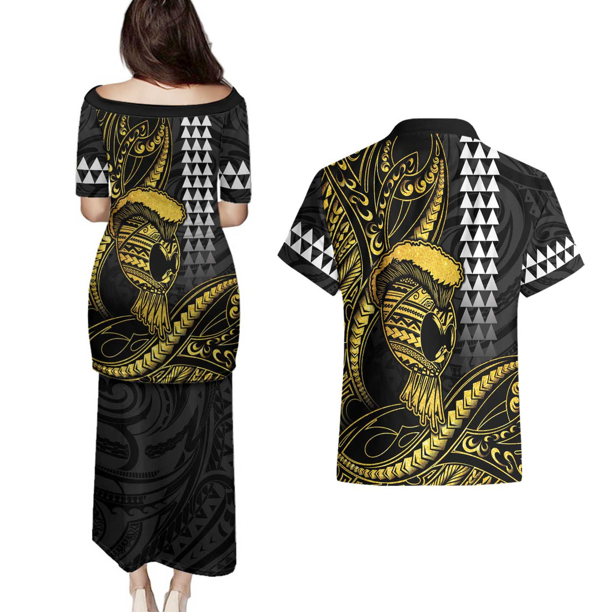 Hawaii Ikaika Warrior Helmet Couples Matching Puletasi and Hawaiian Shirt Gold Style