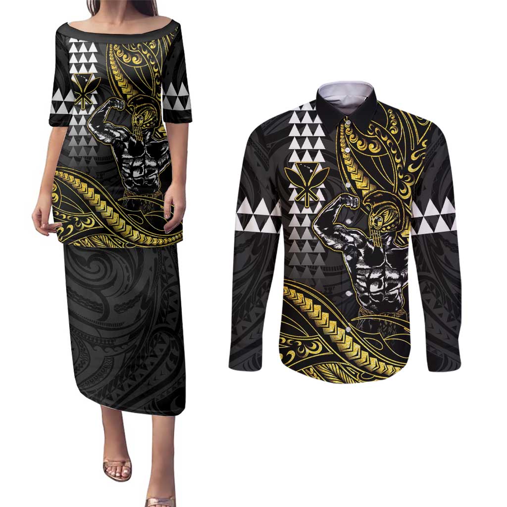 Hawaii Ikaika Warrior Helmet Couples Matching Puletasi and Long Sleeve Button Shirt Gold Style LT05 Gold - Polynesian Pride