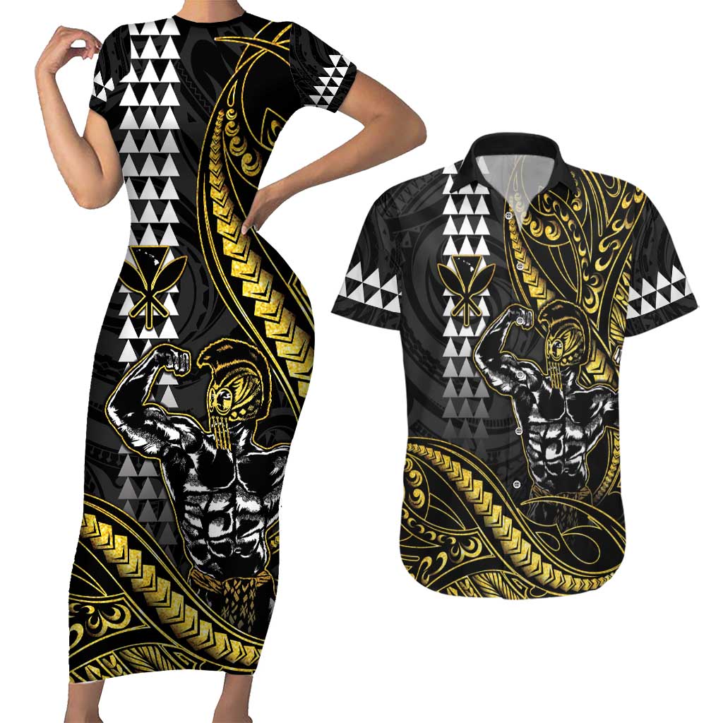 Hawaii Ikaika Warrior Helmet Couples Matching Short Sleeve Bodycon Dress and Hawaiian Shirt Gold Style