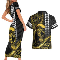 Hawaii Ikaika Warrior Helmet Couples Matching Short Sleeve Bodycon Dress and Hawaiian Shirt Gold Style LT05 - Polynesian Pride