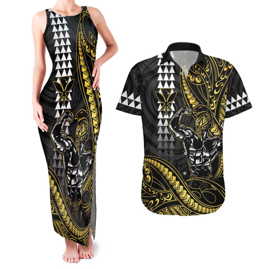 Hawaii Ikaika Warrior Helmet Couples Matching Tank Maxi Dress and Hawaiian Shirt Gold Style