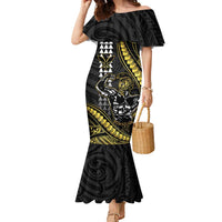 Hawaii Ikaika Warrior Helmet Family Matching Mermaid Dress and Hawaiian Shirt Gold Style LT05 Mom's Dress Gold - Polynesian Pride