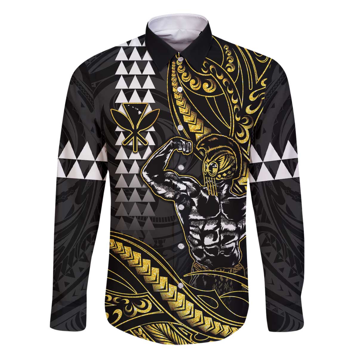 Hawaii Ikaika Warrior Helmet Family Matching Off The Shoulder Long Sleeve Dress and Hawaiian Shirt Gold Style LT05 Dad's Shirt - Long Sleeve Gold - Polynesian Pride