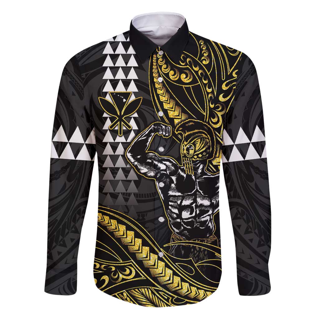 Hawaii Ikaika Warrior Helmet Family Matching Off Shoulder Maxi Dress and Hawaiian Shirt Gold Style LT05 Dad's Shirt - Long Sleeve Gold - Polynesian Pride