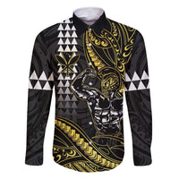 Hawaii Ikaika Warrior Helmet Family Matching Off Shoulder Maxi Dress and Hawaiian Shirt Gold Style LT05 Dad's Shirt - Long Sleeve Gold - Polynesian Pride