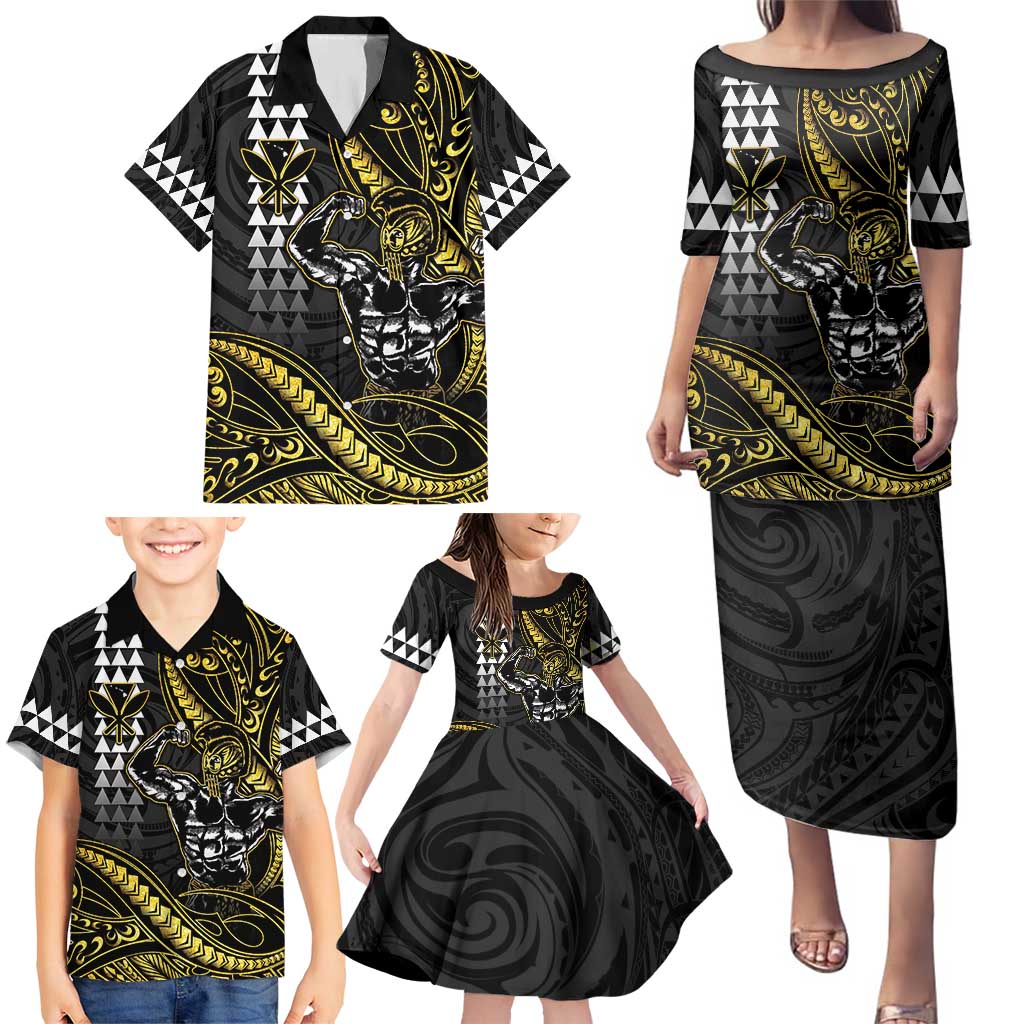 Hawaii Ikaika Warrior Helmet Family Matching Puletasi and Hawaiian Shirt Gold Style LT05 - Polynesian Pride
