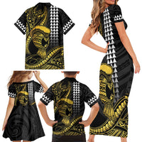 Hawaii Ikaika Warrior Helmet Family Matching Short Sleeve Bodycon Dress and Hawaiian Shirt Gold Style