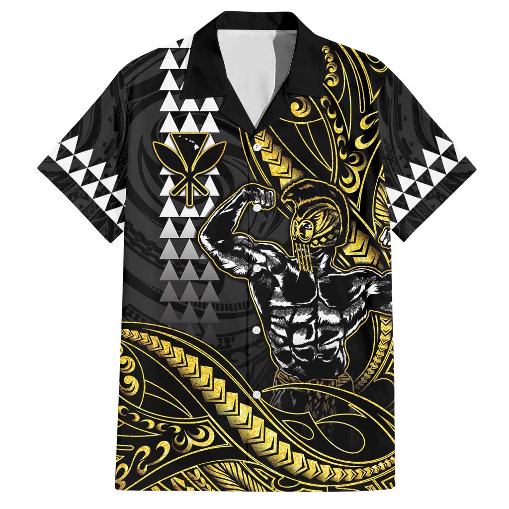 Hawaii Ikaika Warrior Helmet Family Matching Short Sleeve Bodycon Dress and Hawaiian Shirt Gold Style