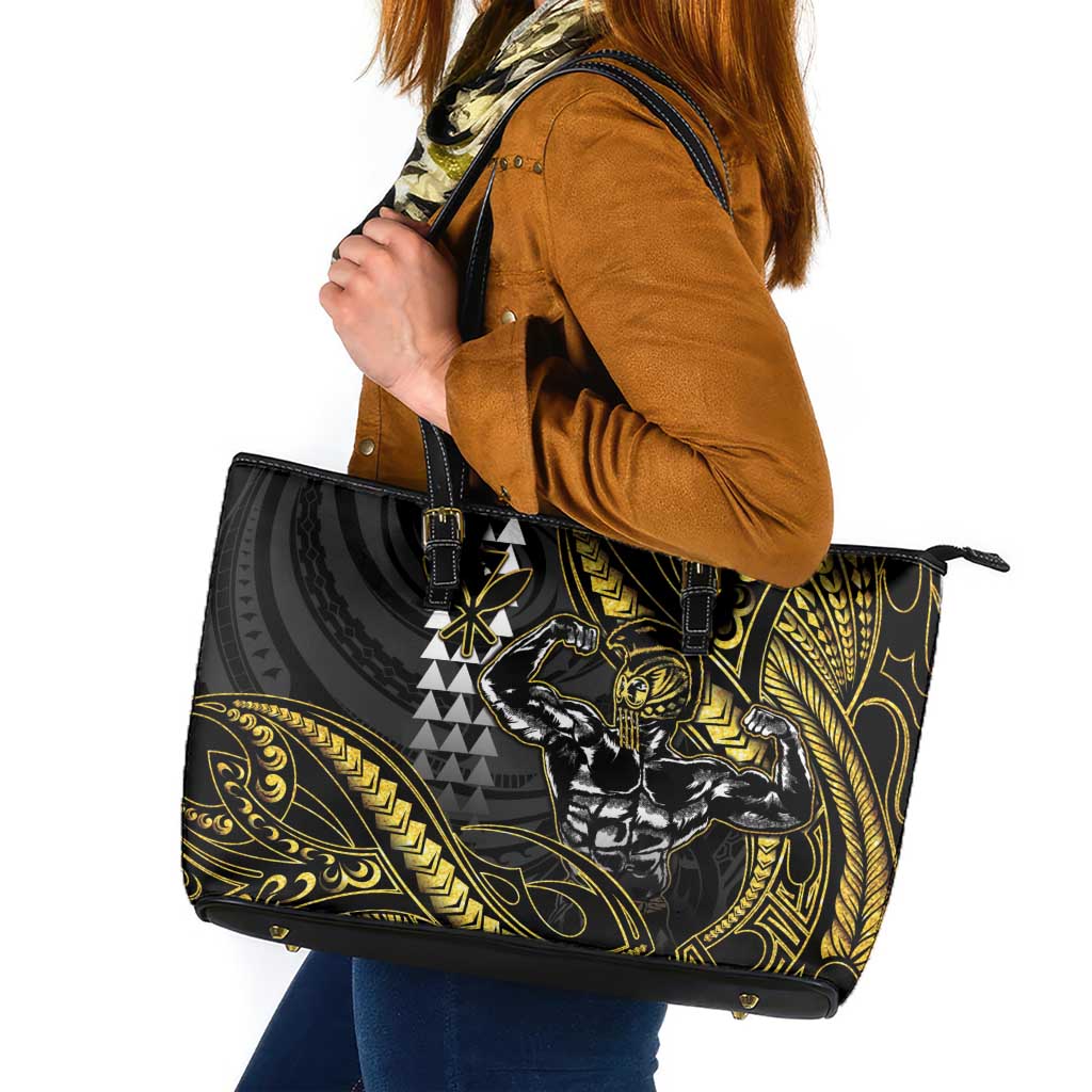 Hawaii Ikaika Warrior Helmet Leather Tote Bag Gold Style LT05 Gold - Polynesian Pride