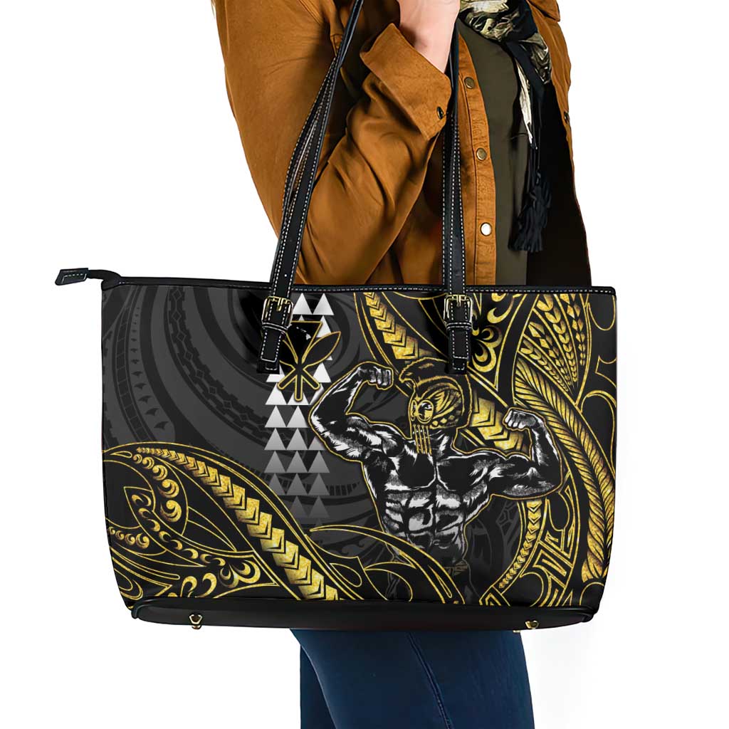 Hawaii Ikaika Warrior Helmet Leather Tote Bag Gold Style LT05 - Polynesian Pride