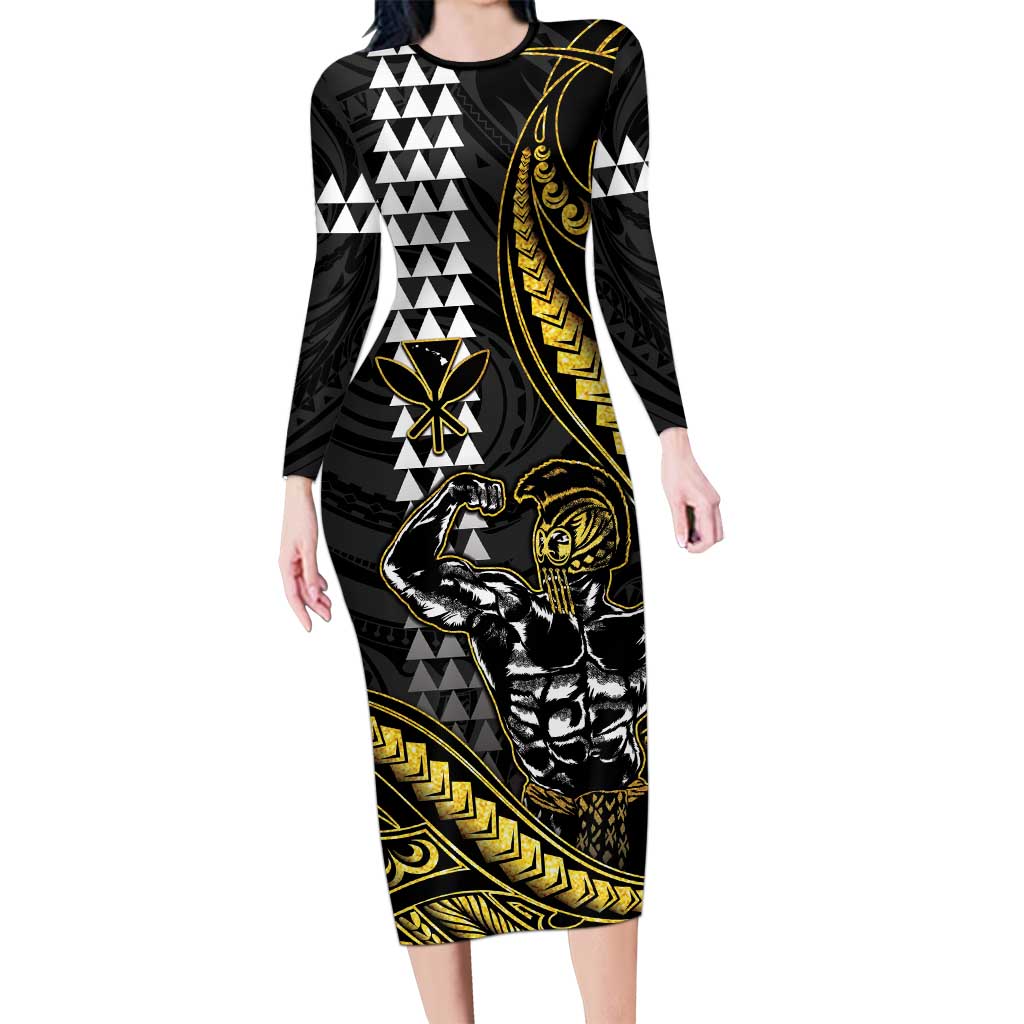Hawaii Ikaika Warrior Helmet Long Sleeve Bodycon Dress Gold Style LT05 Long Dress Gold - Polynesian Pride