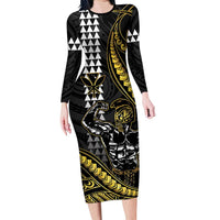 Hawaii Ikaika Warrior Helmet Long Sleeve Bodycon Dress Gold Style LT05 Long Dress Gold - Polynesian Pride