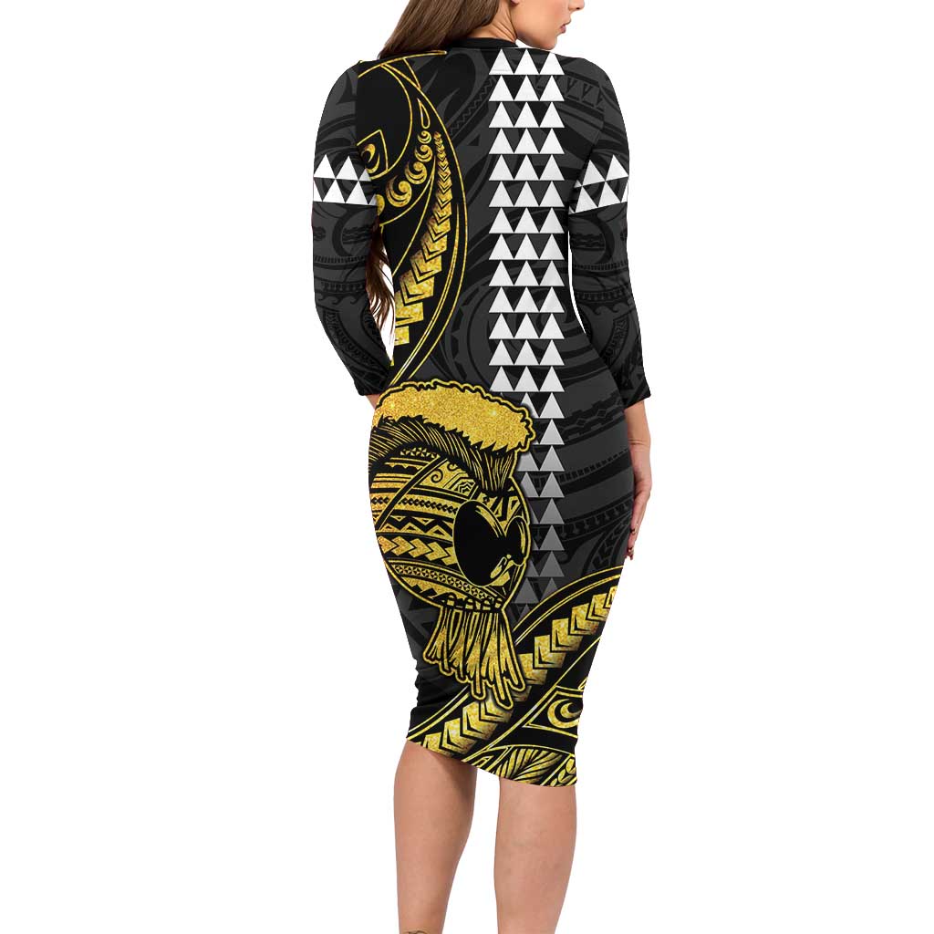 Hawaii Ikaika Warrior Helmet Long Sleeve Bodycon Dress Gold Style LT05 - Polynesian Pride