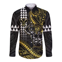 Hawaii Ikaika Warrior Helmet Long Sleeve Button Shirt Gold Style LT05 Unisex Gold - Polynesian Pride