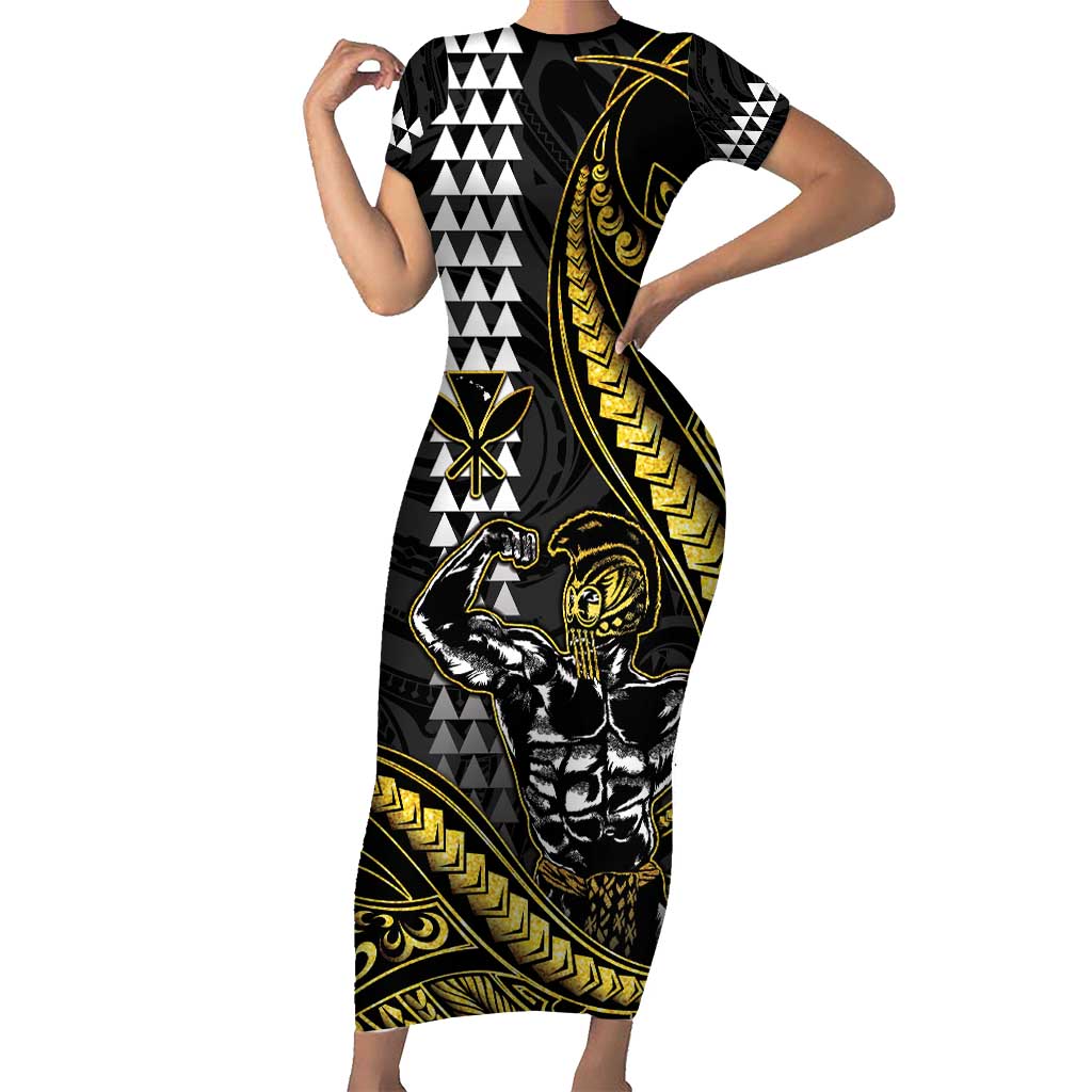 Hawaii Ikaika Warrior Helmet Short Sleeve Bodycon Dress Gold Style LT05 Long Dress Gold - Polynesian Pride