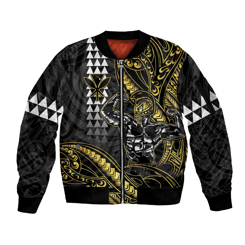 Hawaii Ikaika Warrior Helmet Sleeve Zip Bomber Jacket Gold Style LT05 Unisex Gold - Polynesian Pride