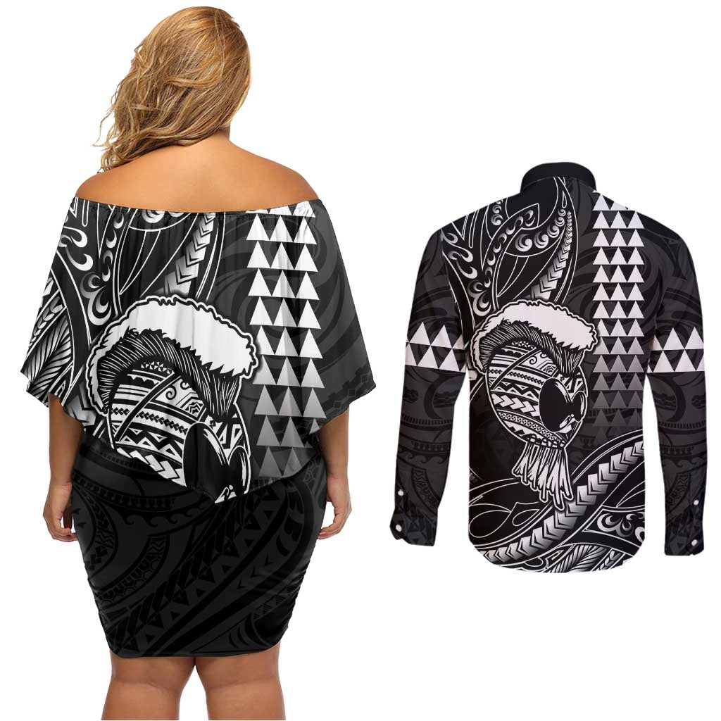 Hawaii Ikaika Warrior Helmet Couples Matching Off Shoulder Short Dress and Long Sleeve Button Shirt Black Tribal Tattoo