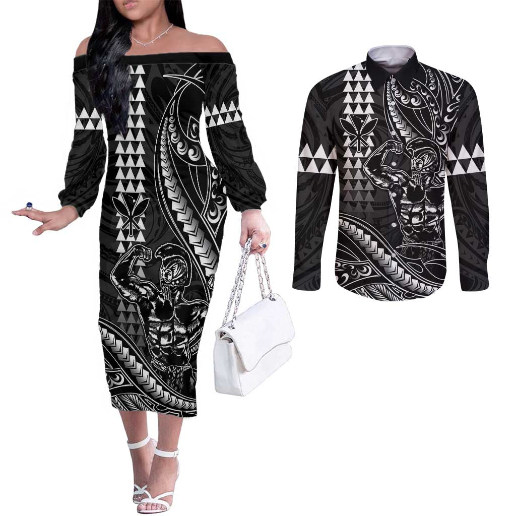 Hawaii Ikaika Warrior Helmet Couples Matching Off The Shoulder Long Sleeve Dress and Long Sleeve Button Shirt Black Tribal Tattoo